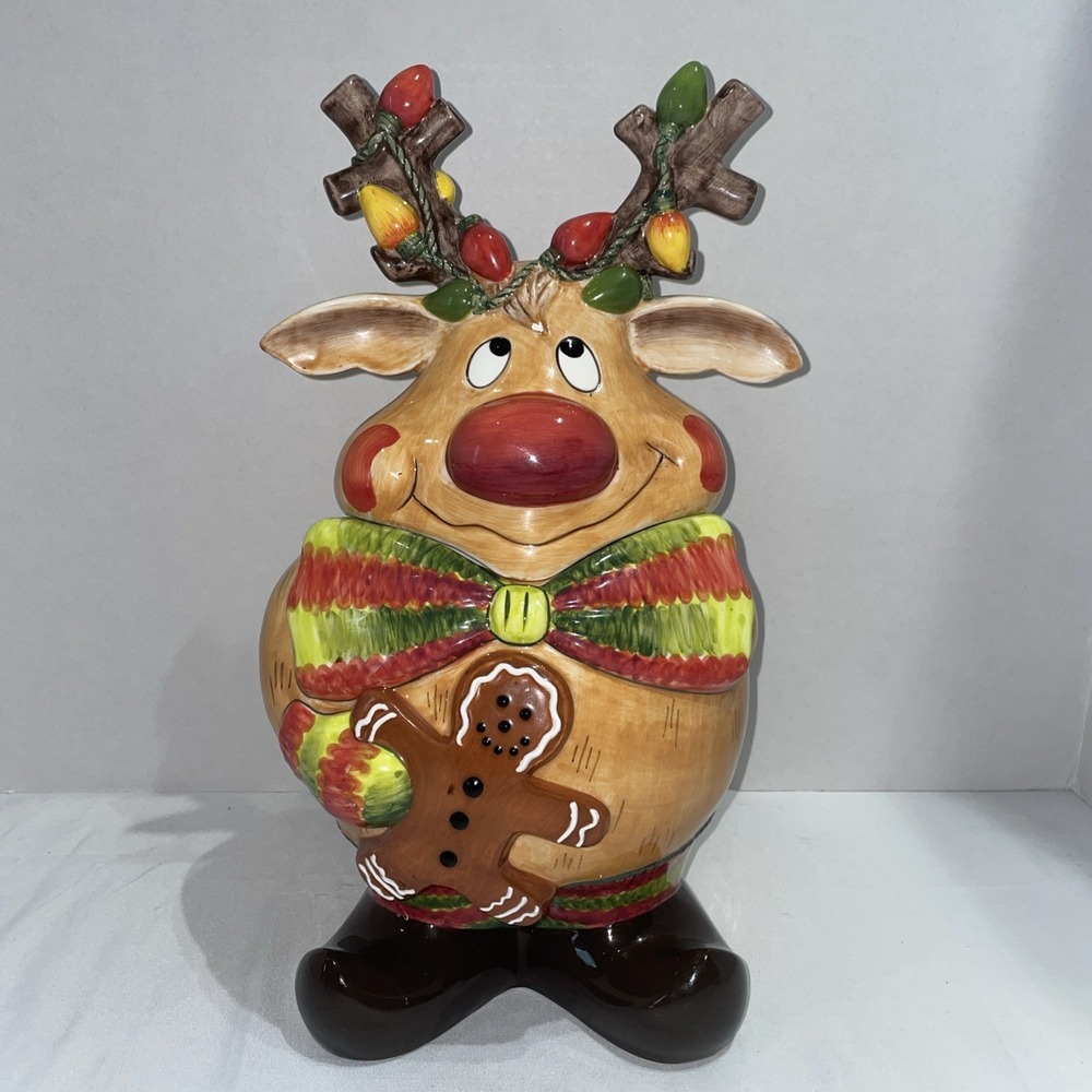 2003 Clay Art Reindeer 15" Ceramic Cookie Gingerbread Jar Hand Painted & Crafted
